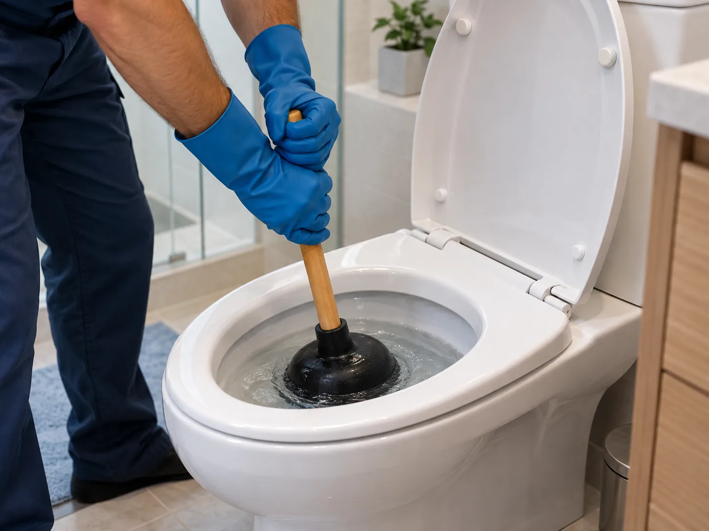 Uso de desentupidor manual em vaso sanitário