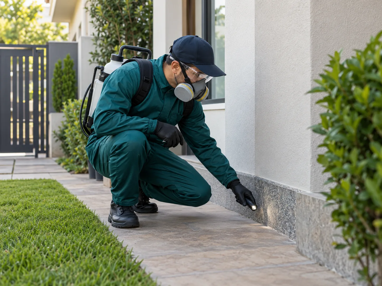Profissional de controle de pragas inspecionando área externa residencial