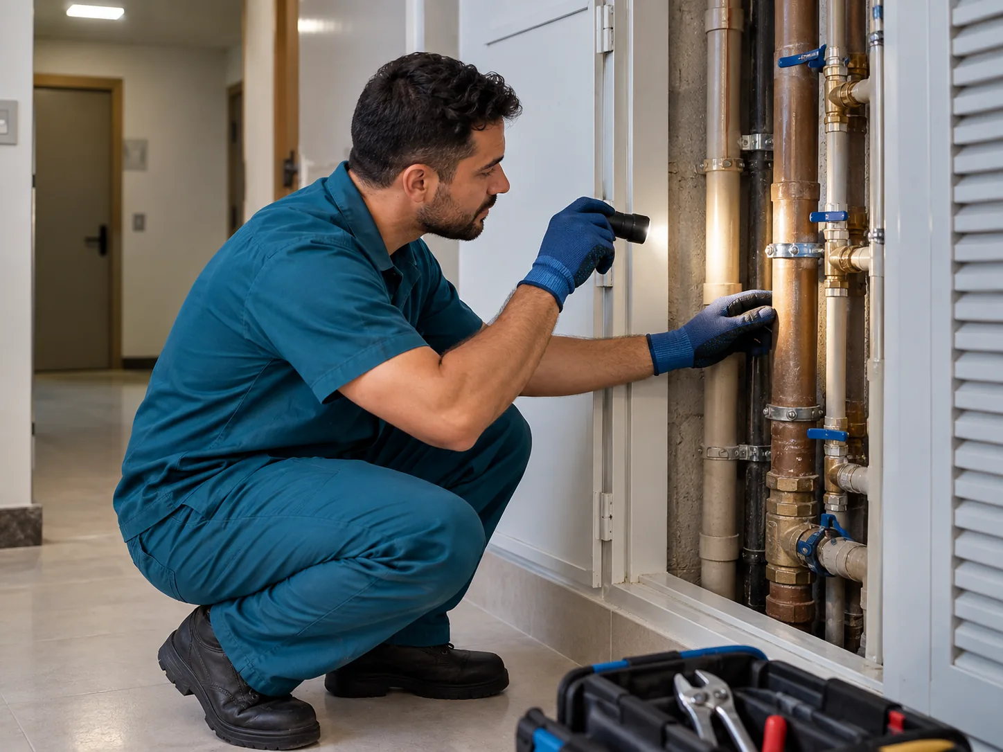 Técnico verificando acesso a instalação hidráulica de edifício