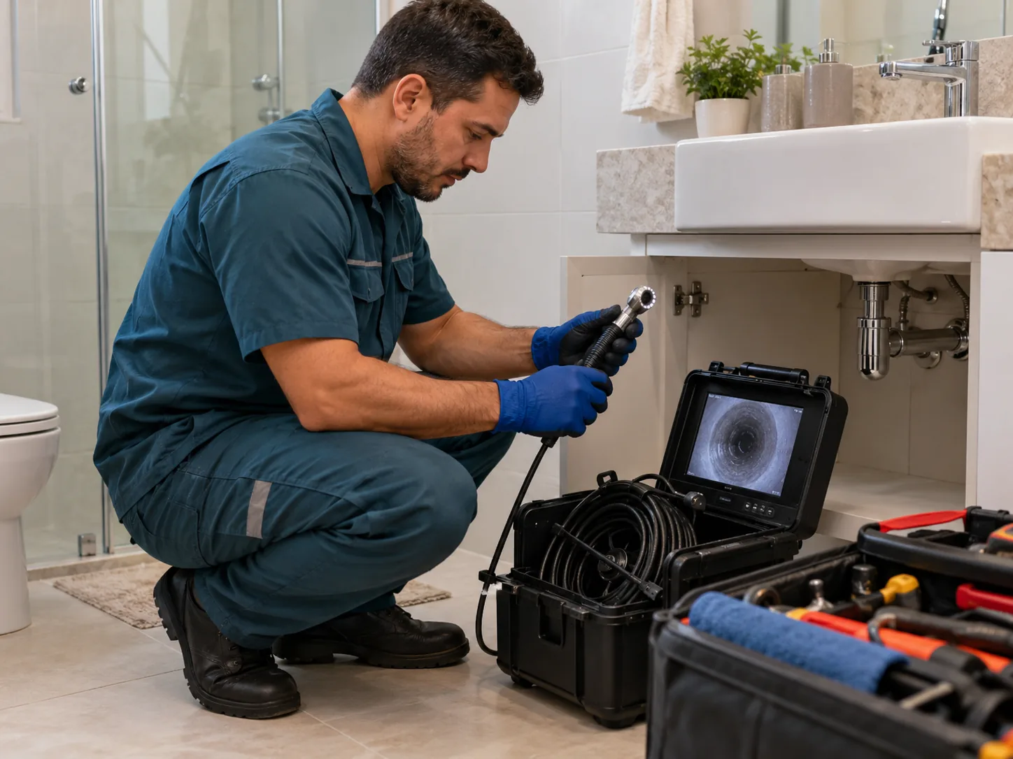Profissional preparando equipamento de inspeção em banheiro