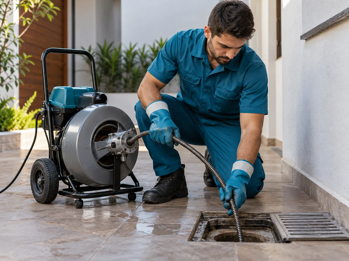 Profissional operando máquina desentupidora em tubulação residencial