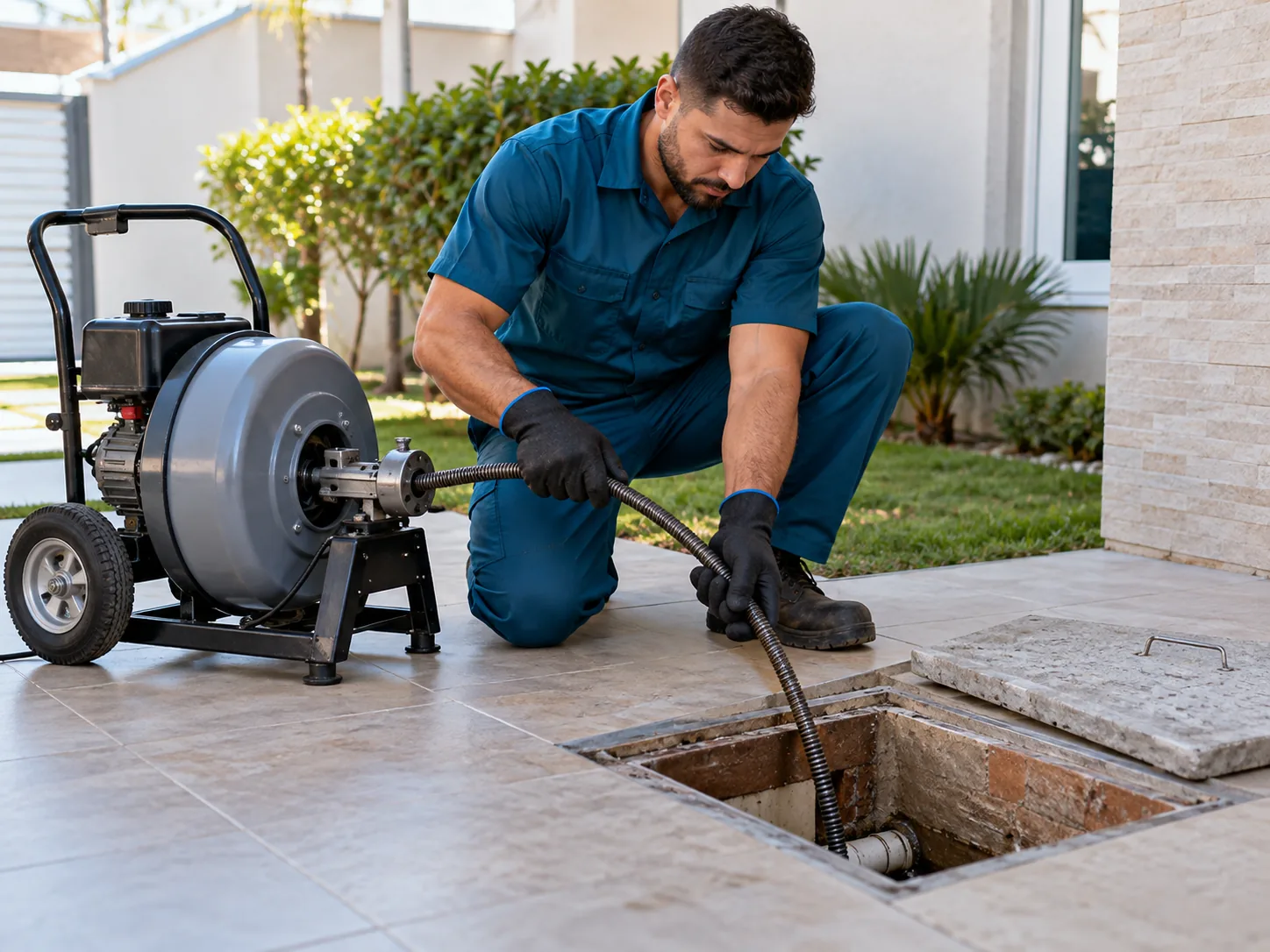 Técnico trabalhando em acesso externo da rede de esgoto