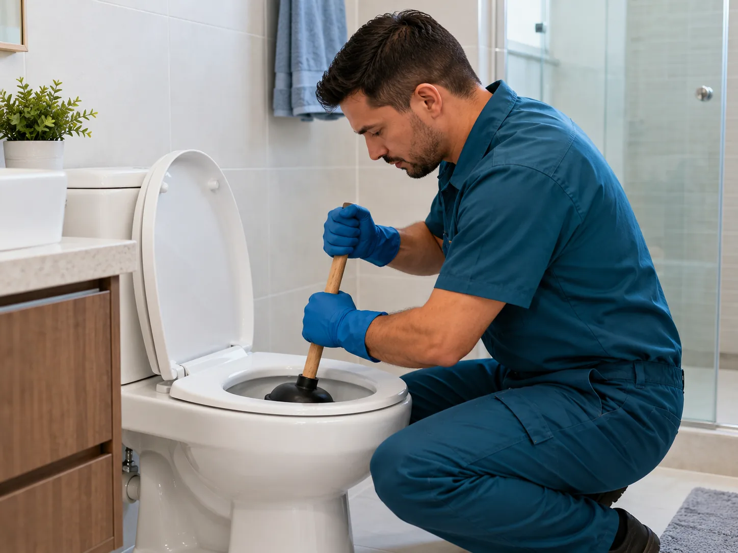 Profissional utilizando desentupidor em vaso sanitário