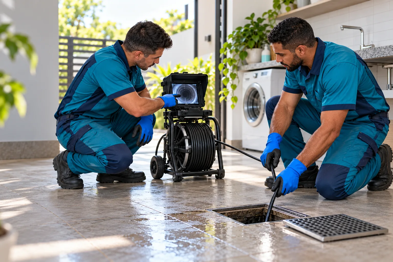Profissionais conferindo equipamento de desentupimento