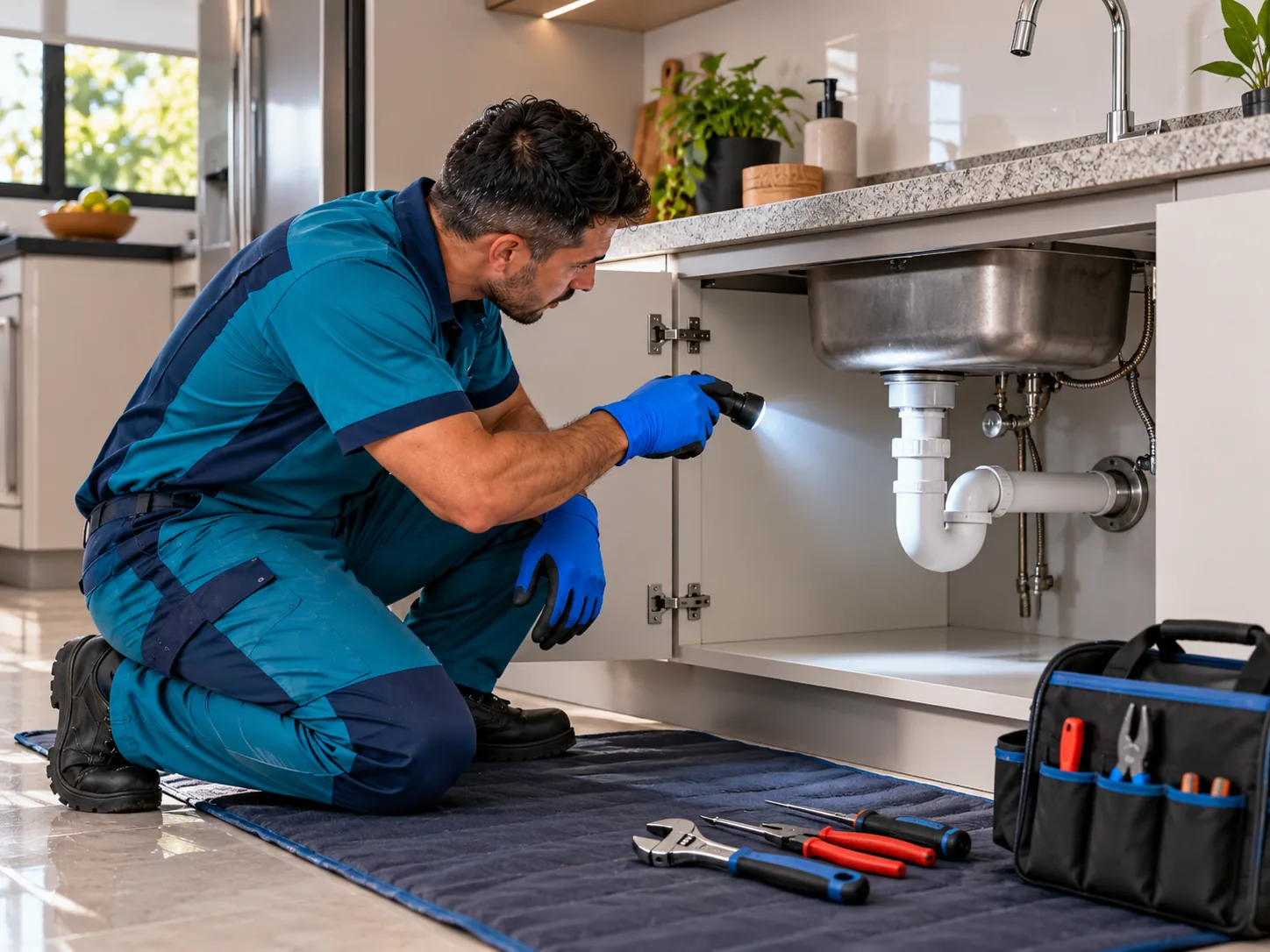 Técnico examinando o sifão de uma pia de cozinha